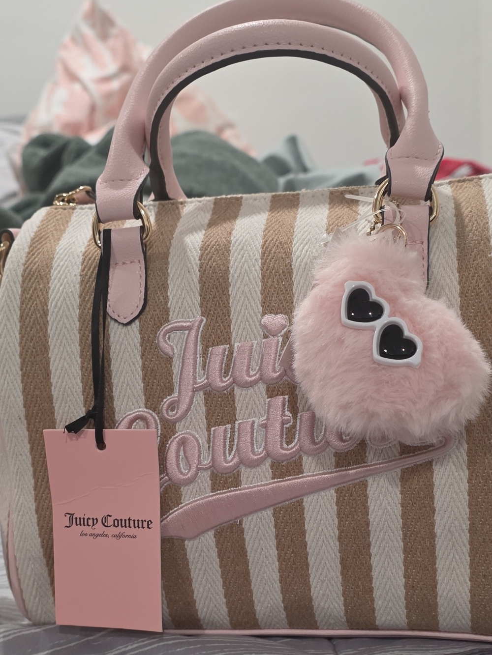 Juicy Couture Pink & Tan Striped Satchel with Heart Pom Keychain